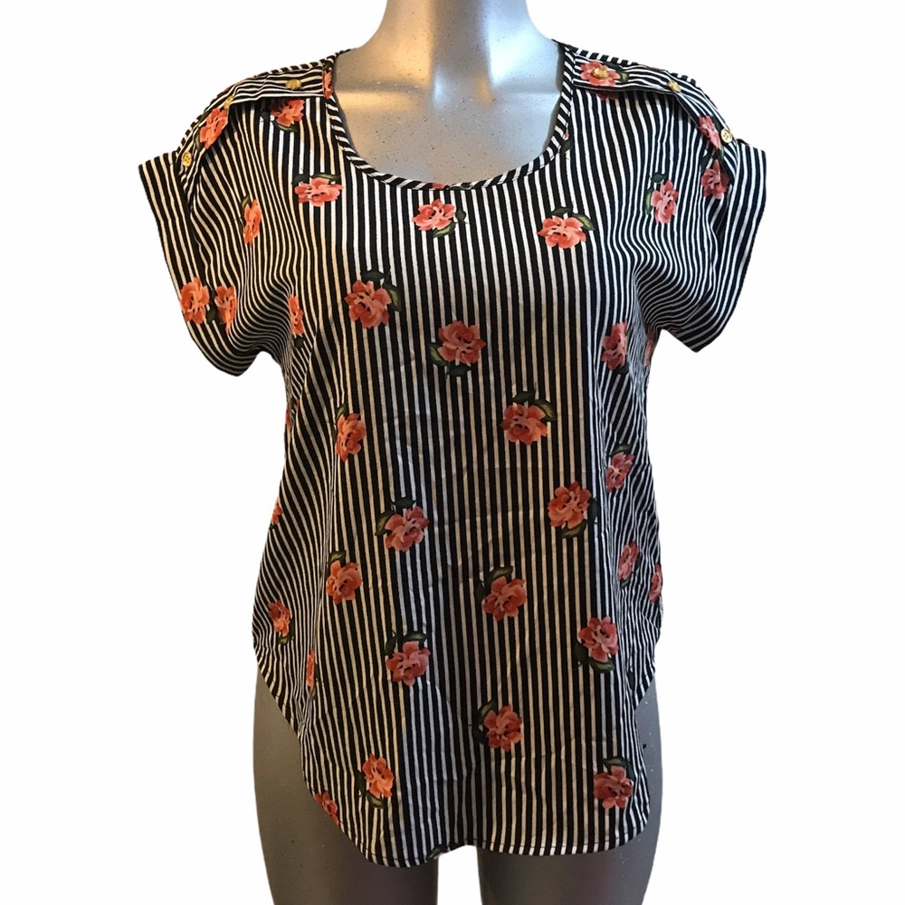 Striped/Floral Twee Top Blouse Career Office Lightweight Rosette Rose Print Lrg